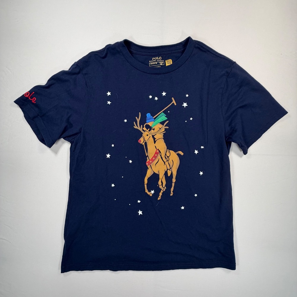 Polo Ralph Lauren Boys Reindeer Graphic T-Shirt Navy Blue Holiday L 14-16 0490